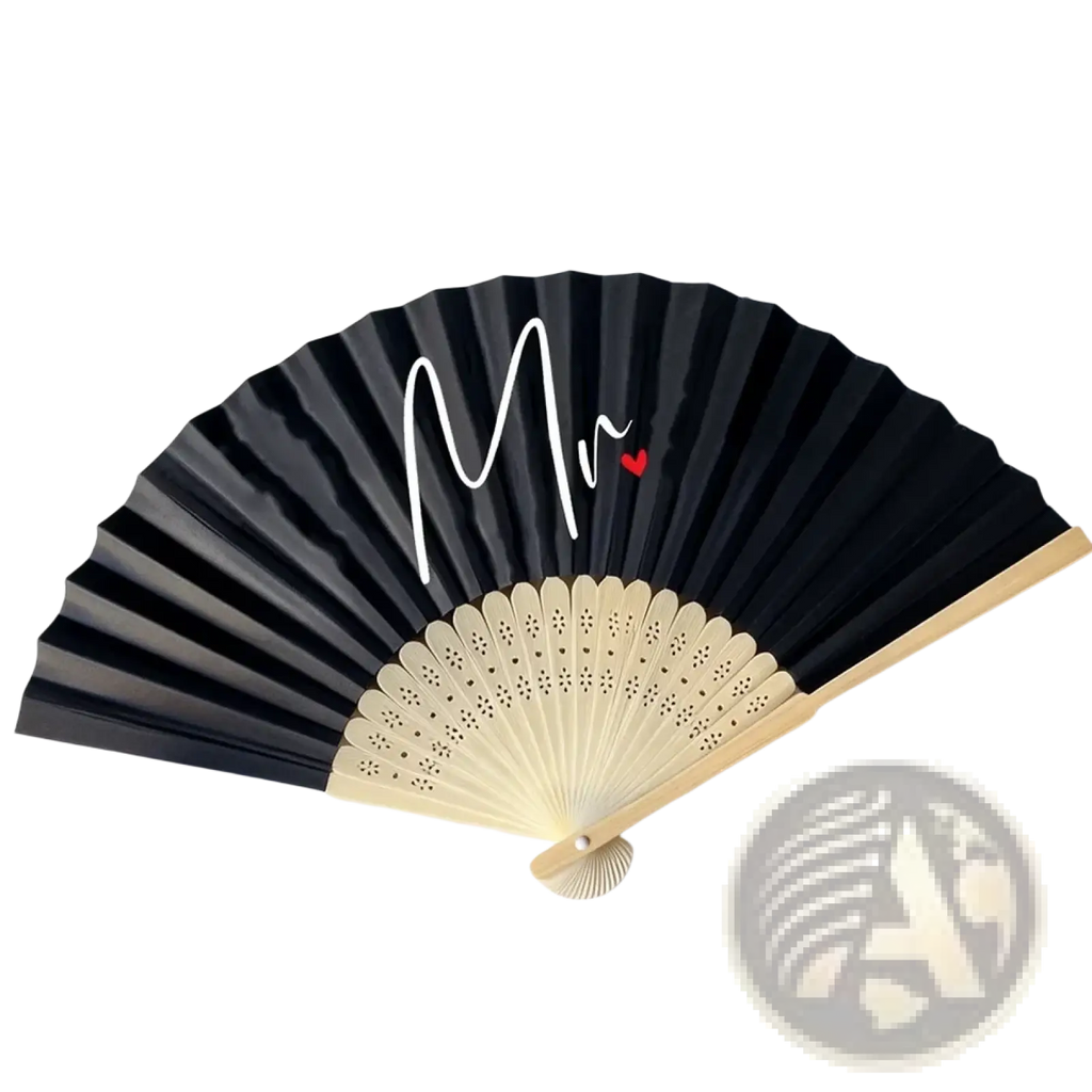 Black and cream folding hand fan with white cursive mr and red heart for mr and mrs wedding gift couple set