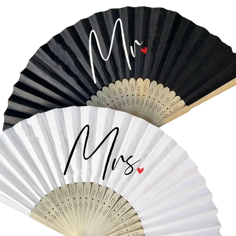 Black and white decorative folding fans with mr and mrs cursive script and red heart accents for wedding gift couple