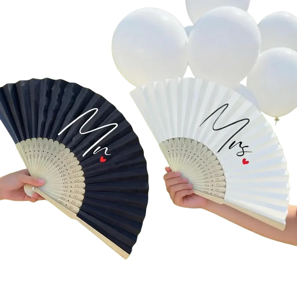 Black and white decorative folding fans with mr and mrs in elegant cursive accented by red hearts for wedding gift couple