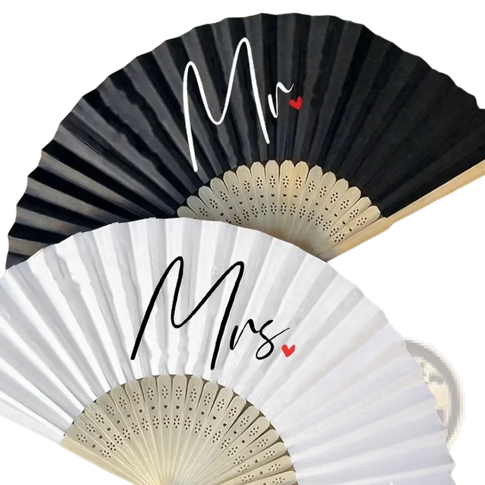 Black and white decorative folding fans with mr and mrs cursive script and red heart accents for wedding gift couple