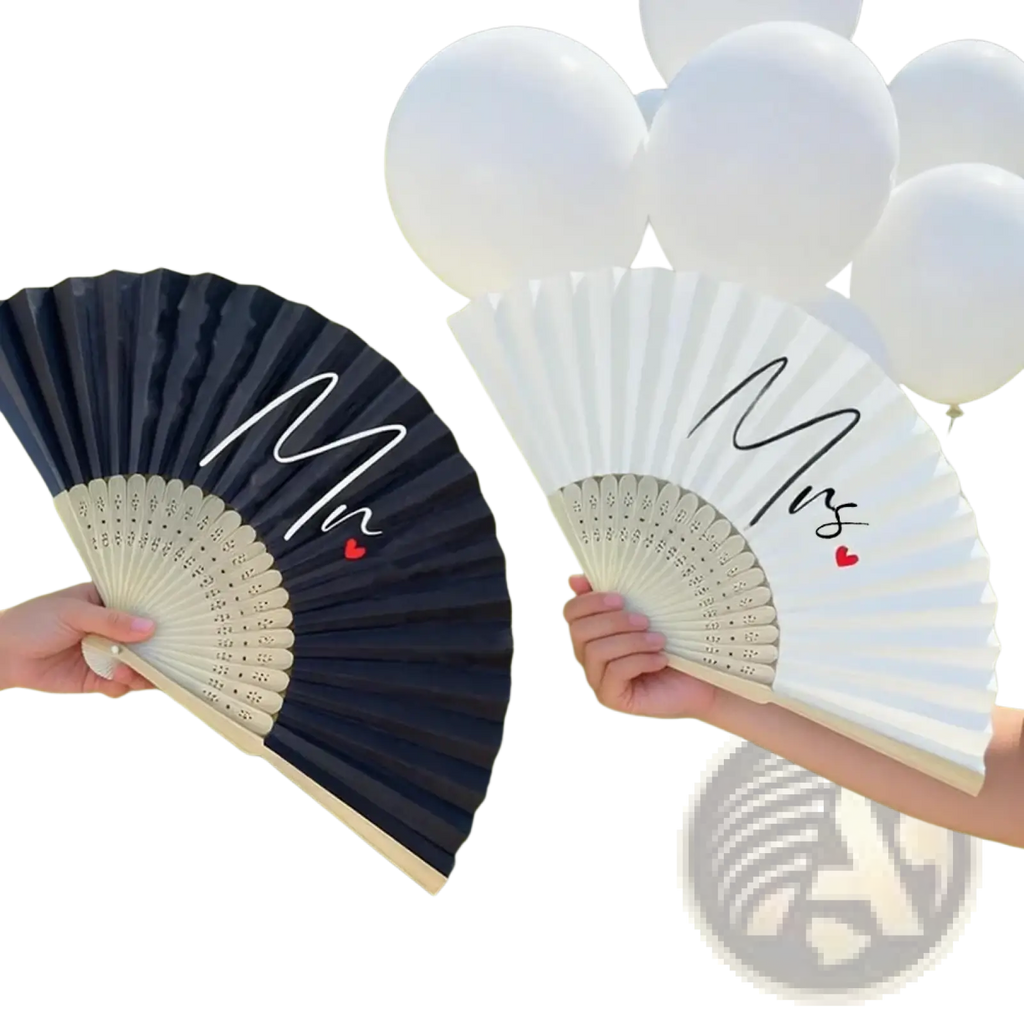 Black and white decorative folding fans with mr and mrs in elegant cursive accented by red hearts for wedding gift couple