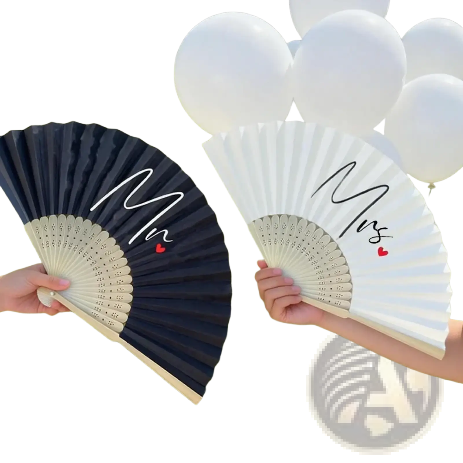 Black and white decorative folding fans with mr and mrs in elegant cursive accented by red hearts for wedding gift couple