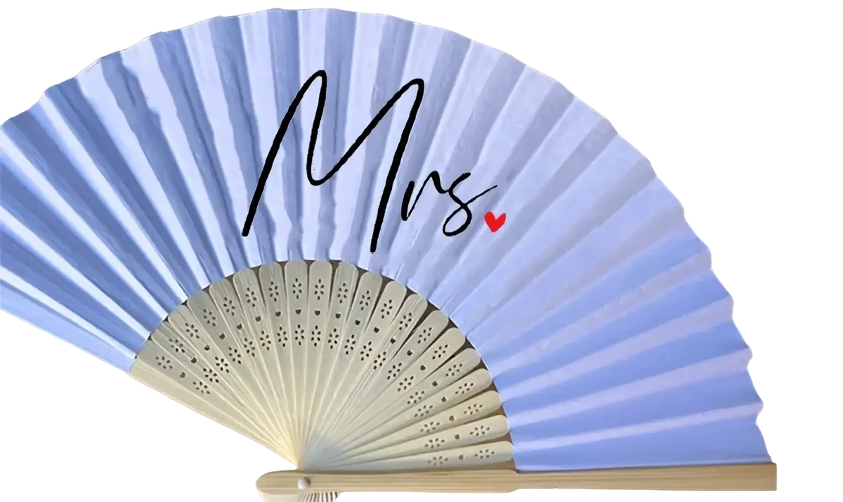 Light blue paper wedding hand fan with black cursive mrs and red heart on wooden slats for couples gift