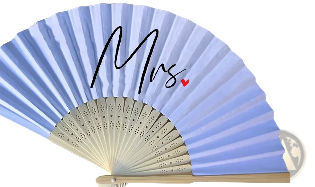 Light blue paper wedding hand fan with black cursive mrs and red heart on wooden slats for couples gift