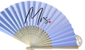 Light blue paper wedding hand fan with black cursive mrs and red heart on wooden slats for couples gift