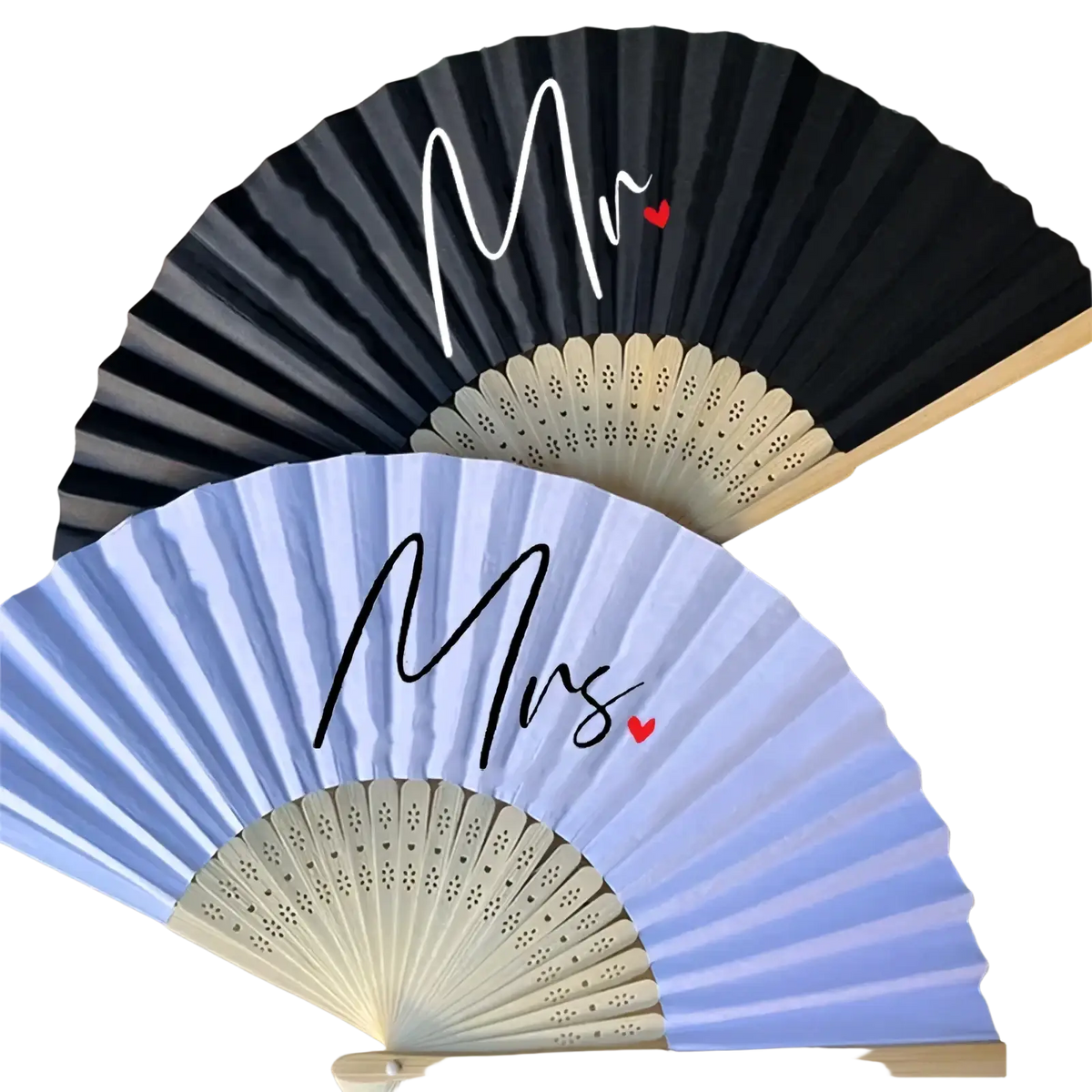A pair of elegant foldable mr and mrs wedding hand fans with contrasting black and light blue colors and red heart accents