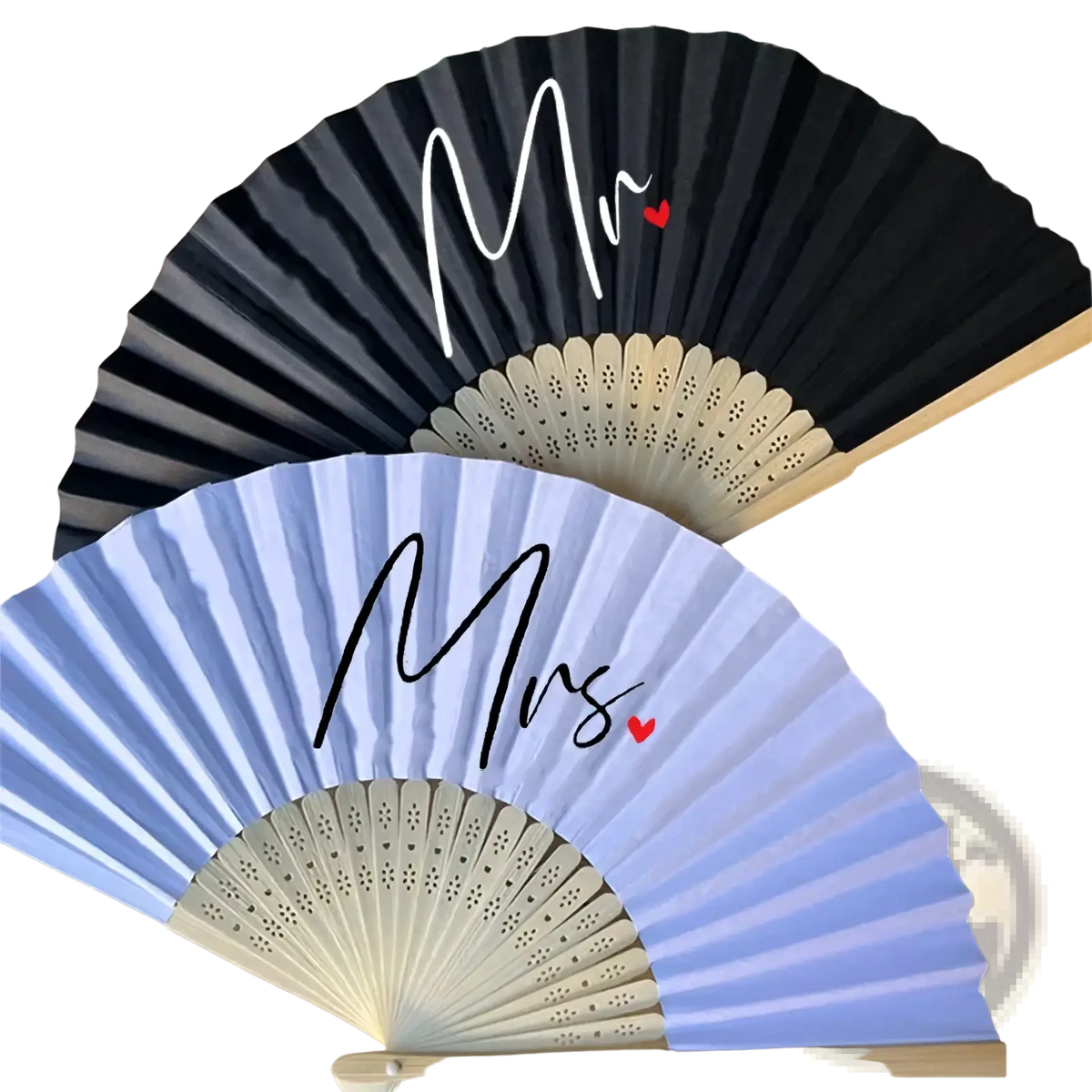 A pair of elegant foldable mr and mrs wedding hand fans with contrasting black and light blue colors and red heart accents