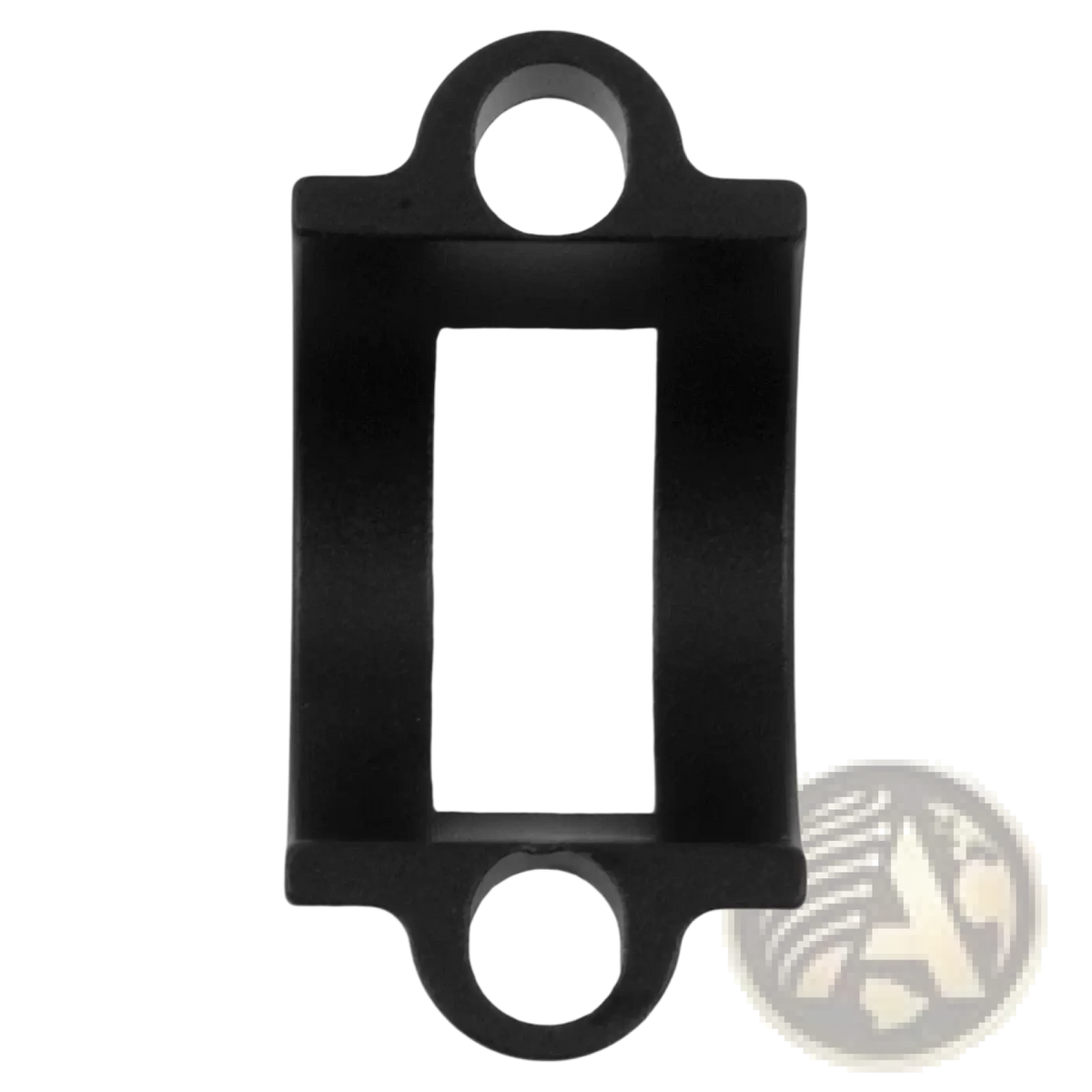 Black plastic bicycle headset spacer with rectangular central opening and circular holes for mt2 handlebar clamp brake part