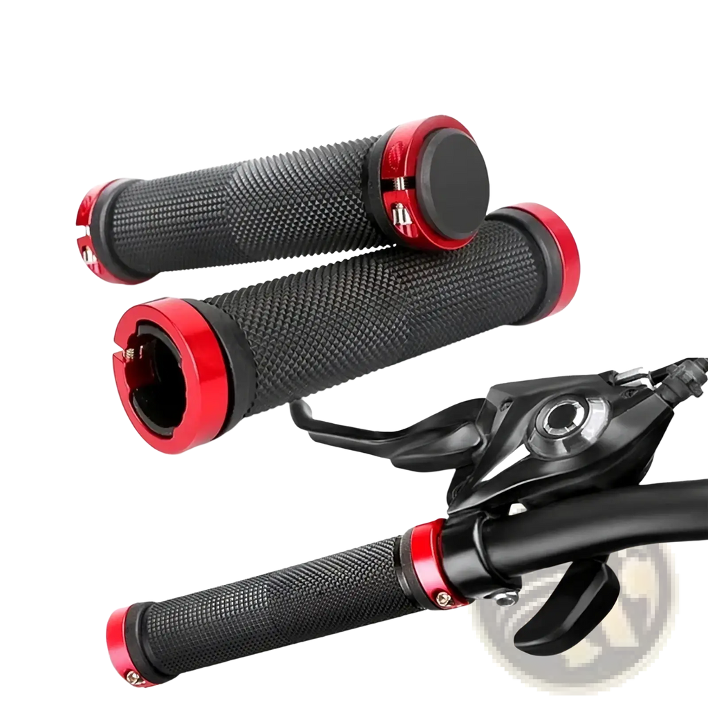 Mtb handlebar grips dual lock rubber bicycle grips black and red with textured surface and metallic end caps
