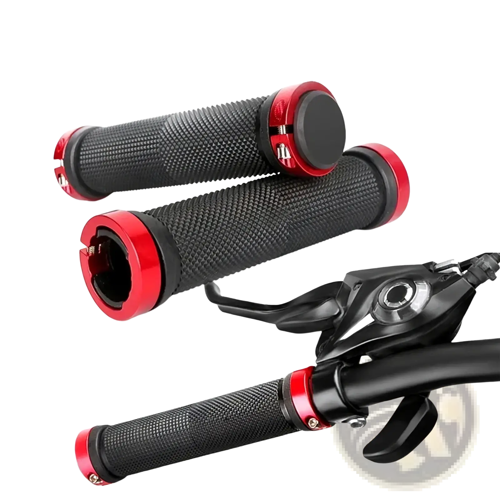 Mtb handlebar grips dual lock rubber bicycle grips black and red with textured surface and metallic end caps