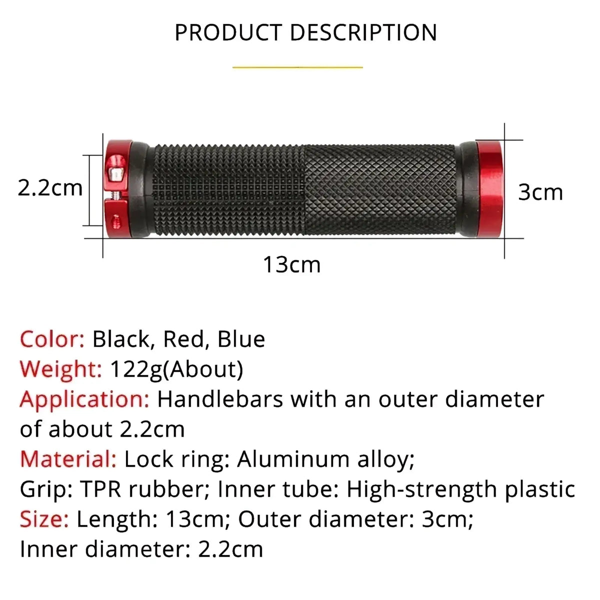 Mtb handlebar grips dual lock rubber bicycle grips with black and red textured tpr surface and aluminum alloy lock ring
