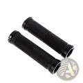 Black mtb handlebar grips with dual lock rubber texture and metallic end caps for secure mountain biking control