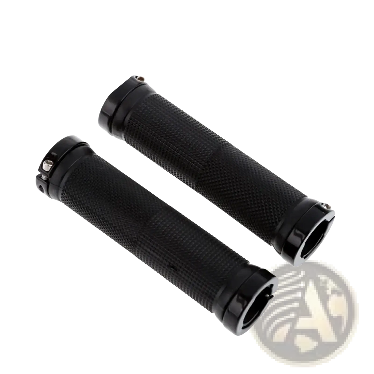Black mtb handlebar grips with dual lock rubber texture and metallic end caps for secure mountain biking control