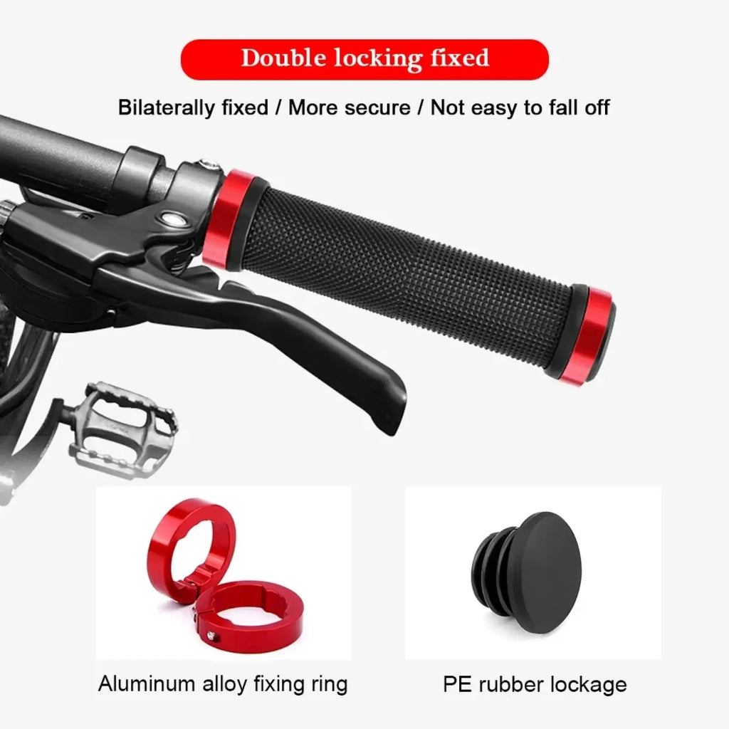 Mtb handlebar grips dual lock rubber bicycle grips with black textured surface and red aluminum alloy end caps