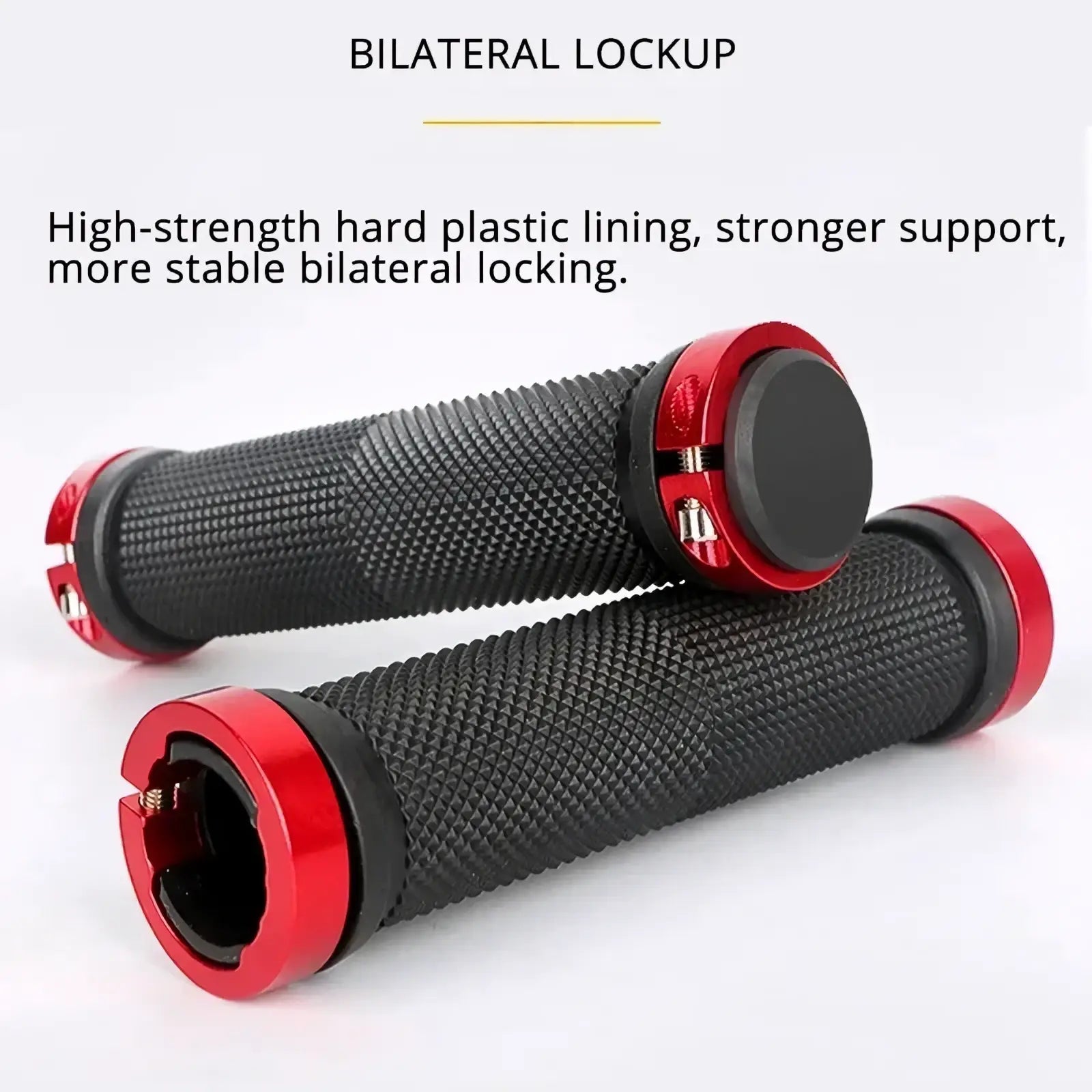 Mtb handlebar grips dual lock rubber grips in red and black with textured high-strength hard plastic lining for enhanced grip