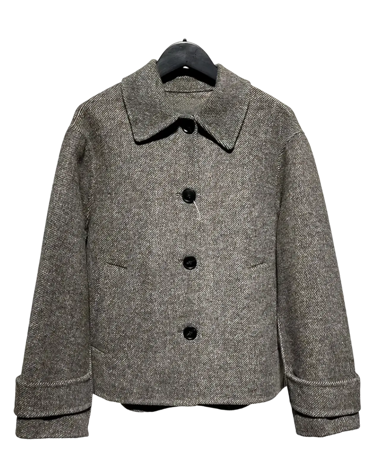 Mu&du gray herringbone wool coat with black buttons and rolled cuffs for stylish cold weather wear