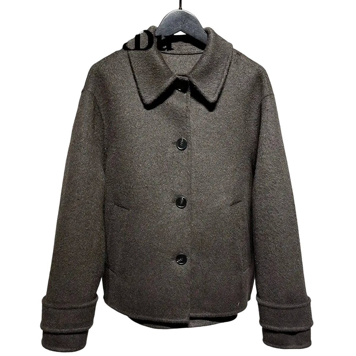 Mu and du gray herringbone wool coat with classic collar and black buttons for formal and casual wear
