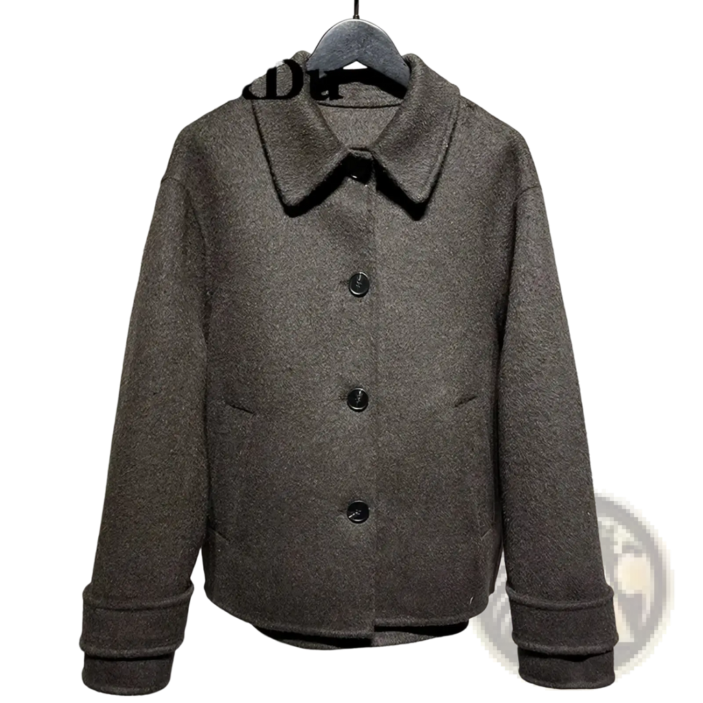 Mu and du gray herringbone wool coat with classic collar and black buttons for formal and casual wear