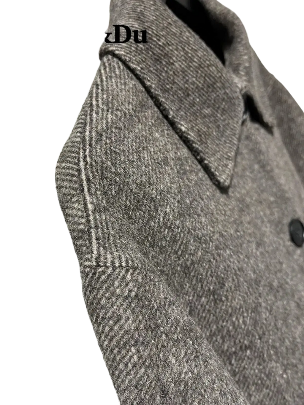 Mu&du gray herringbone wool coat with classic collar and black buttons featuring the mu&du logo