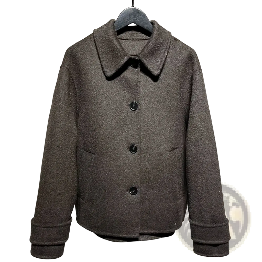 Mu&du gray herringbone wool coat with classic collar and black buttons hanging neatly on a hanger