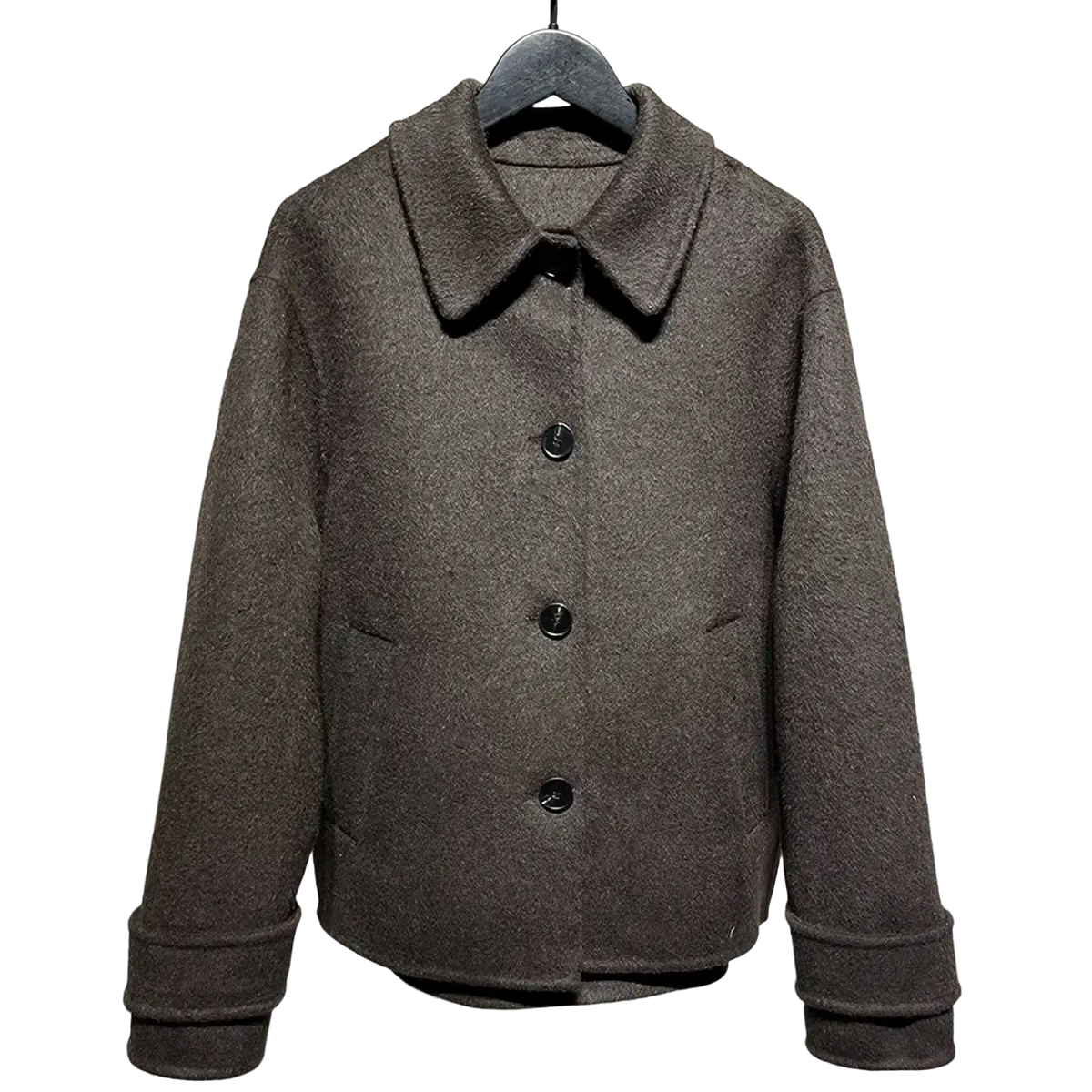 Mu&du gray herringbone wool coat with classic collar and black buttons hanging neatly on a hanger