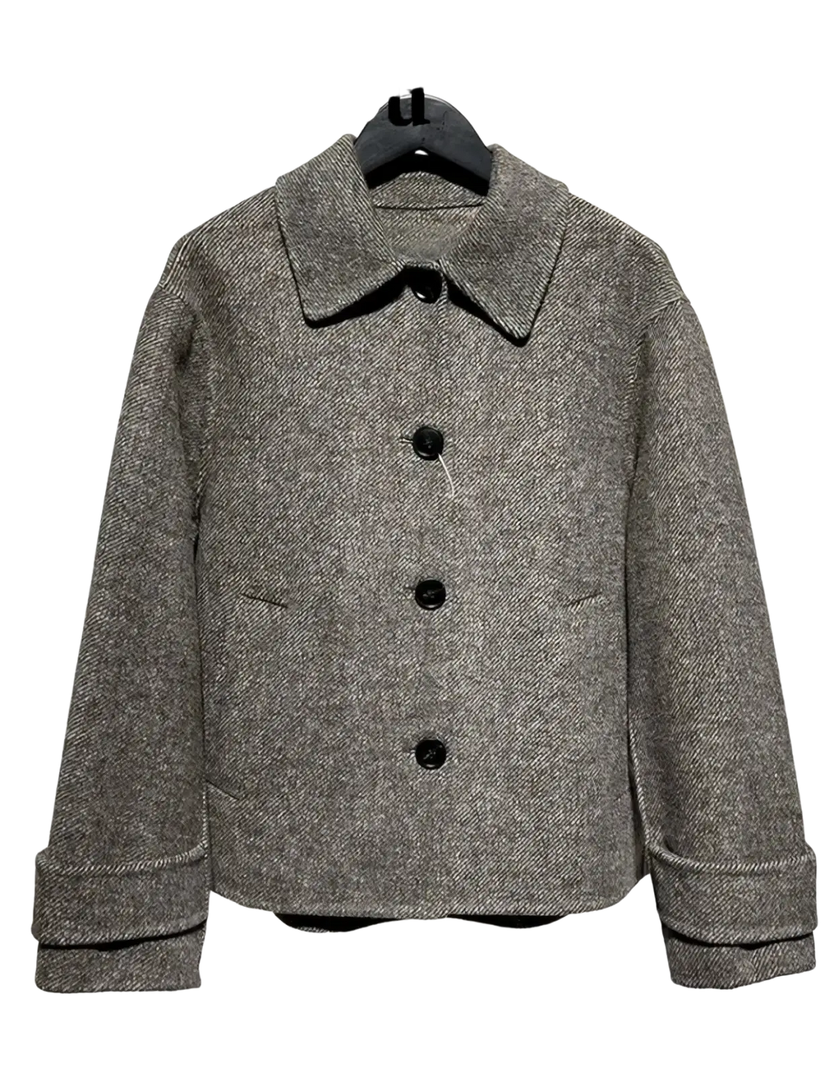 Mu&du gray herringbone wool coat with black buttons and rolled-up cuffs featuring a classic pattern and tailored fit