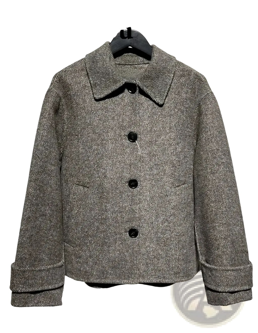 Mu&du gray herringbone wool coat with black buttons and rolled-up cuffs featuring a classic pattern and tailored fit