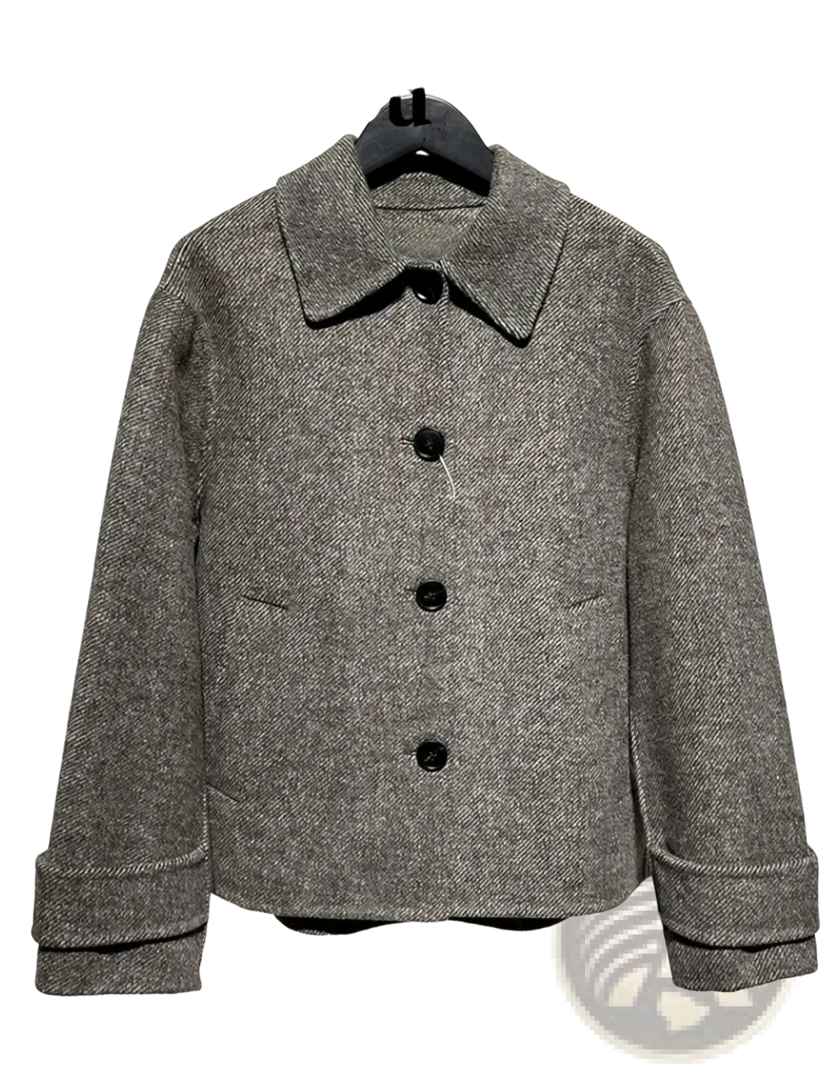 Mu&du gray herringbone wool coat with black buttons and rolled-up cuffs featuring a classic pattern and tailored fit