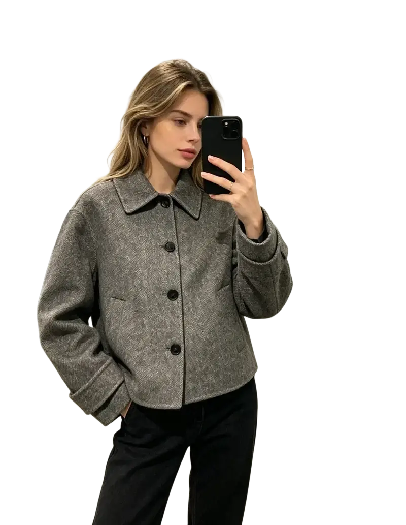 Mu&du gray herringbone wool coat with black buttons and classic collar, featuring a textured warm fabric