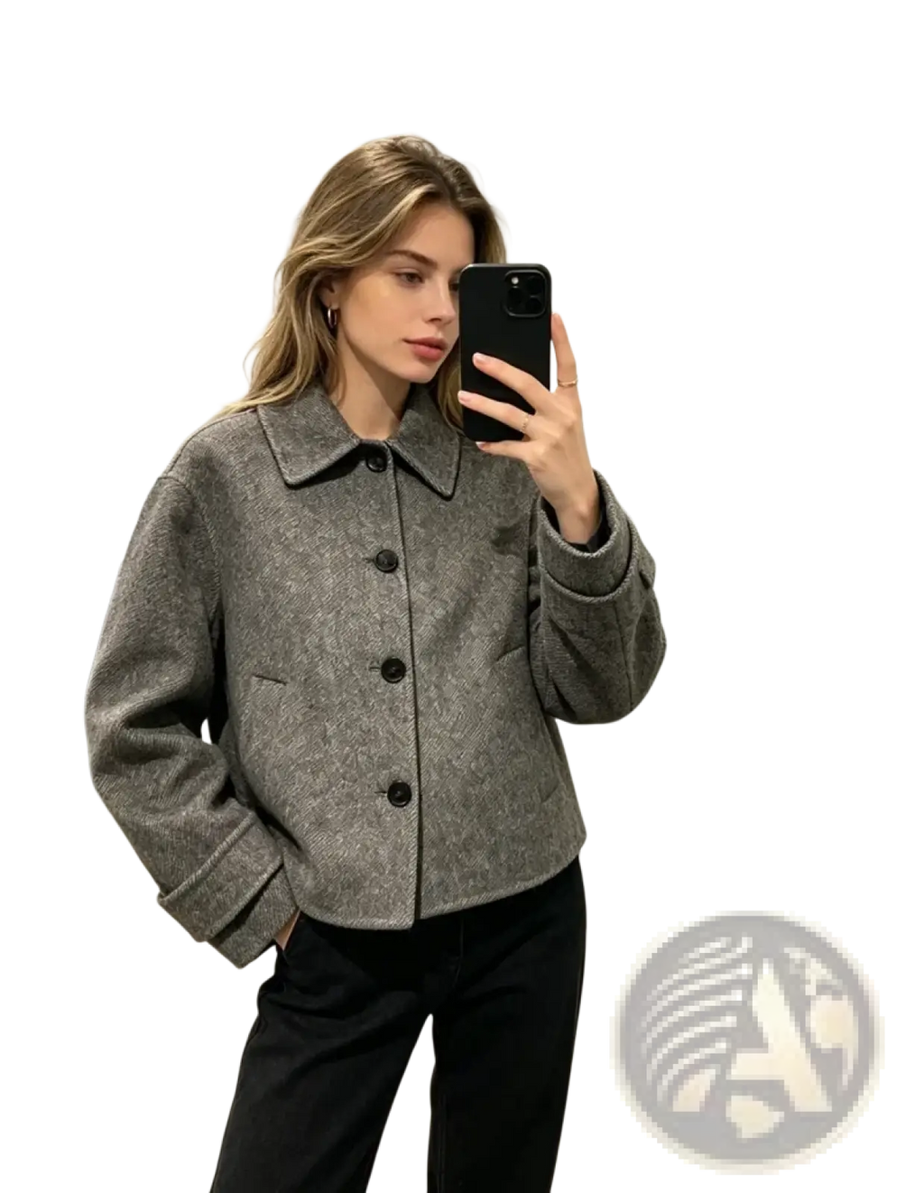 Mu&du gray herringbone wool coat with black buttons and classic collar, featuring a textured warm fabric