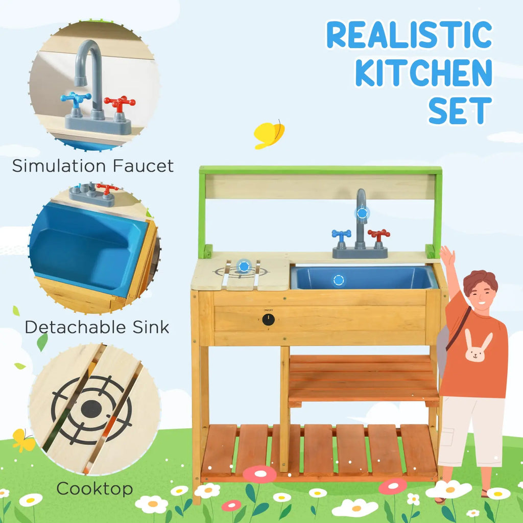 Wooden mud kitchen for kids outdoor playset with blue detachable sink gray faucet and black cooktop