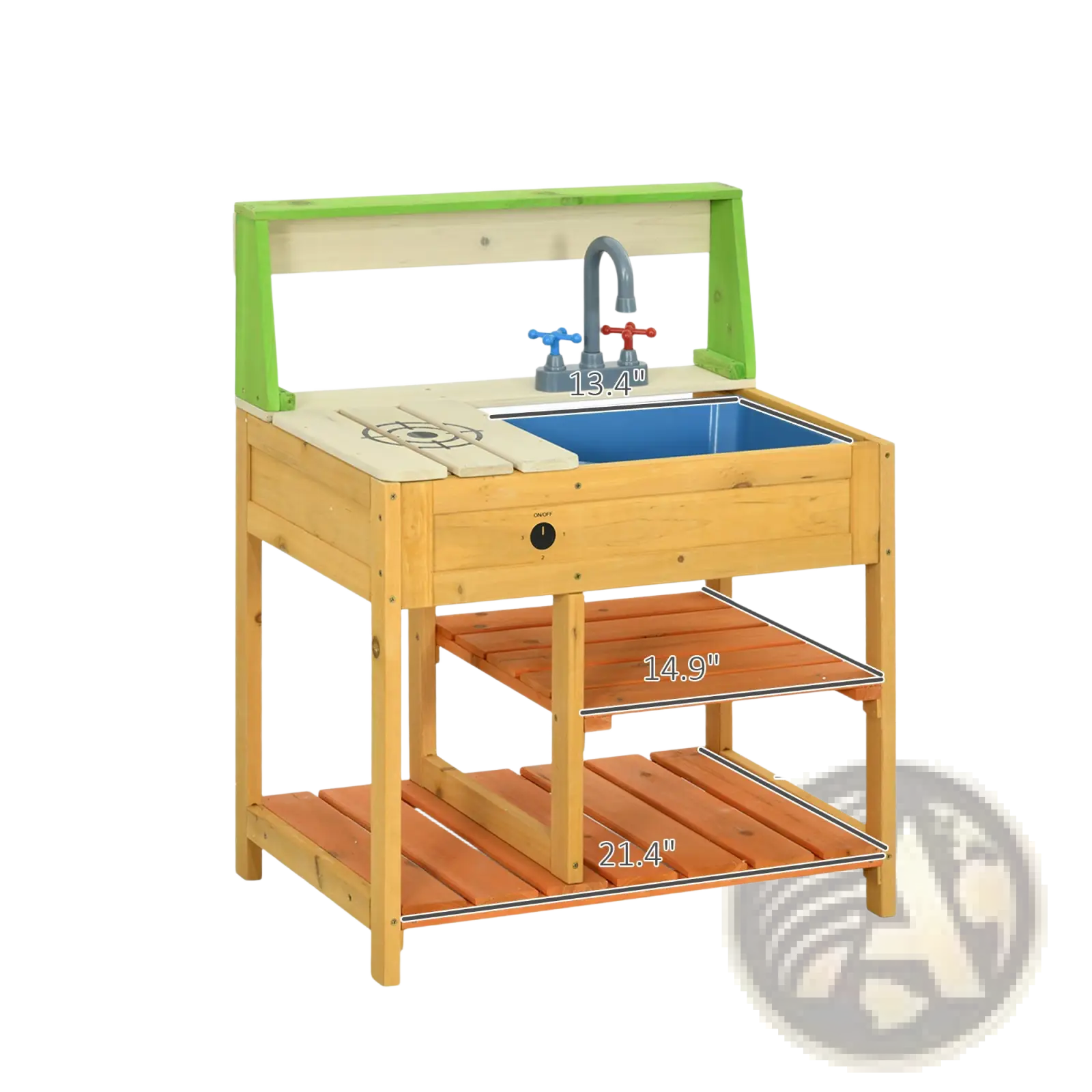 Wooden children’s outdoor mud kitchen playset with green accents blue sink basin and colorful plastic faucet