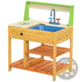 Wooden mud kitchen for kids outdoor playset with blue sink green countertop frame and colorful faucet handles