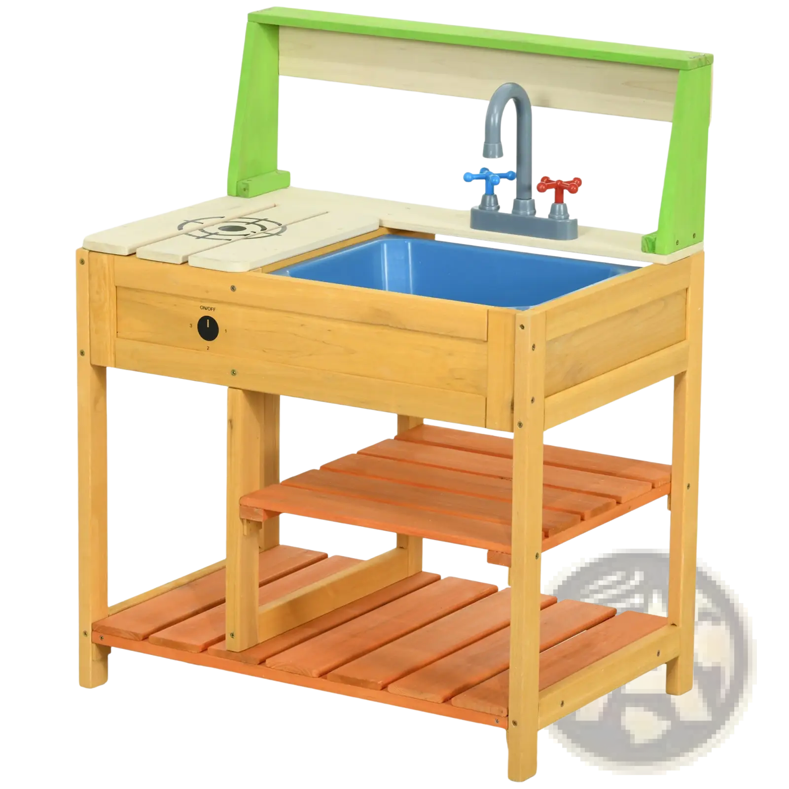 Wooden mud kitchen for kids outdoor playset with blue sink green countertop frame and colorful faucet handles