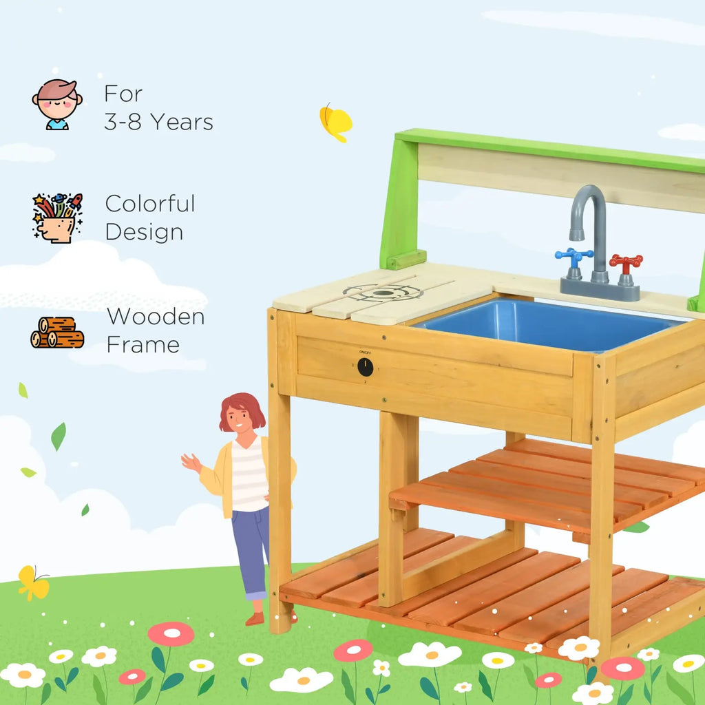 Wooden children’s mud kitchen playset with blue sink, green accents, and gray faucet for outdoor use