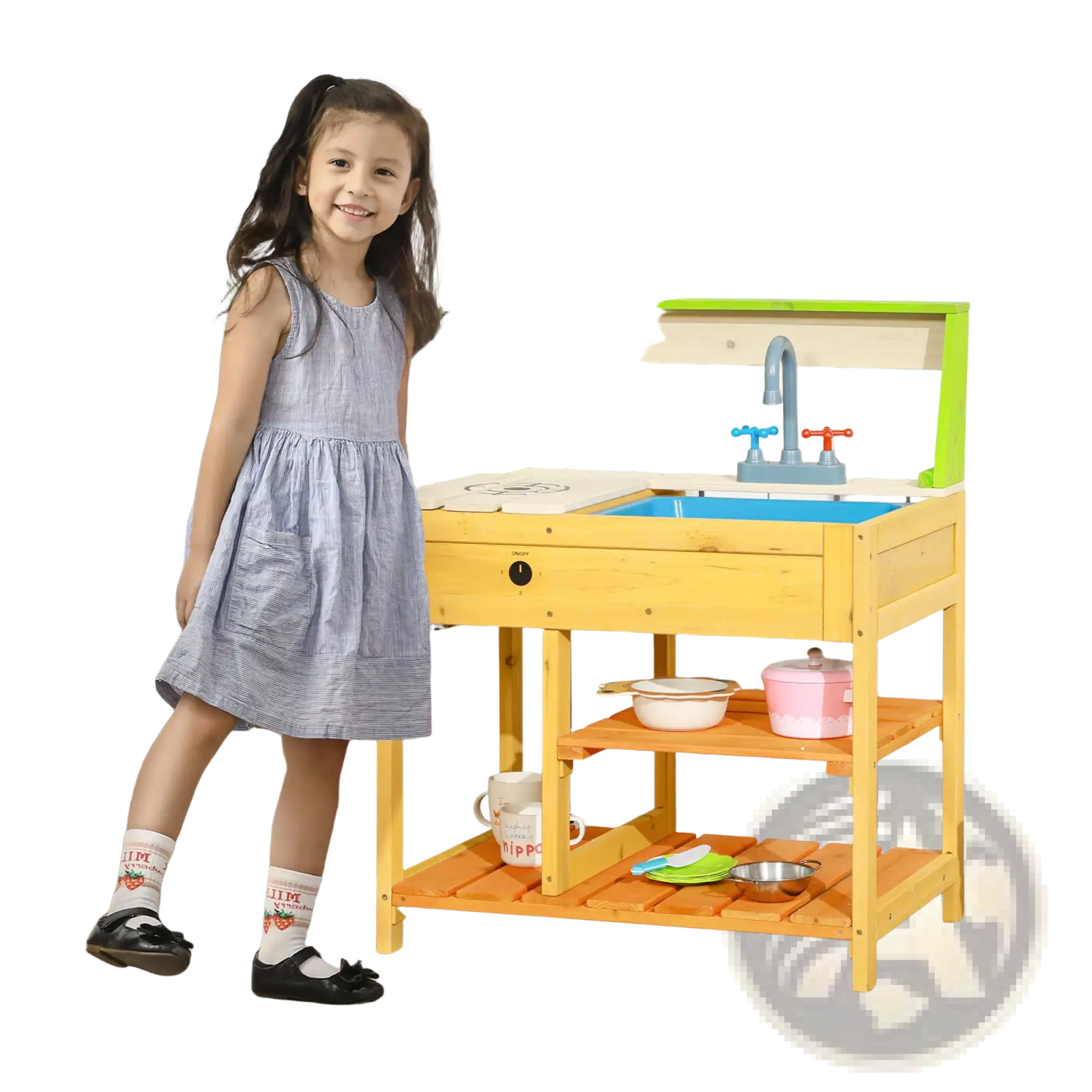 Wooden outdoor play kitchen with green accents and blue sink mud kitchen for kids outdoor wooden playset with sink