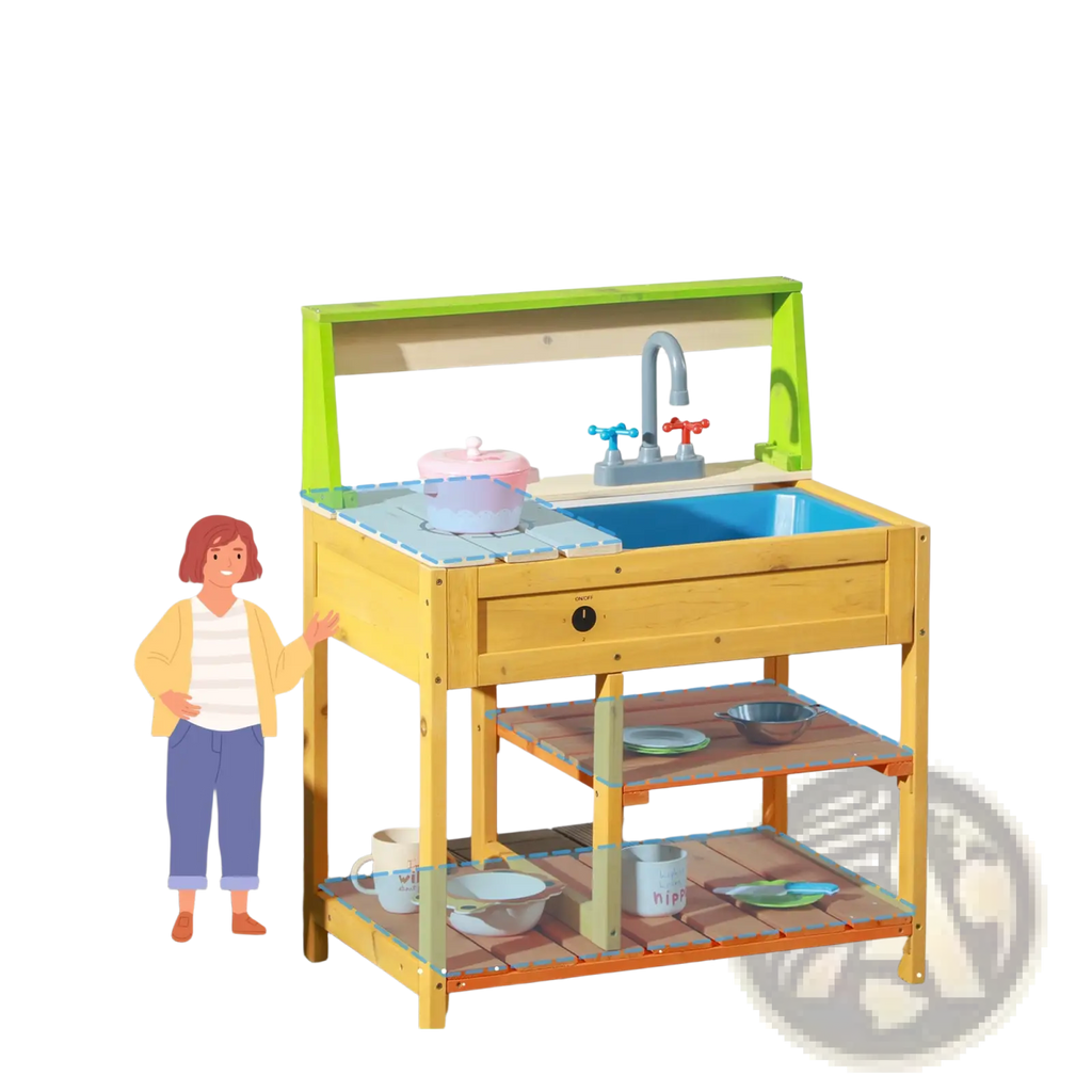 Yellow wooden outdoor play kitchen with green frame and blue sink in a mud kitchen for kids playset