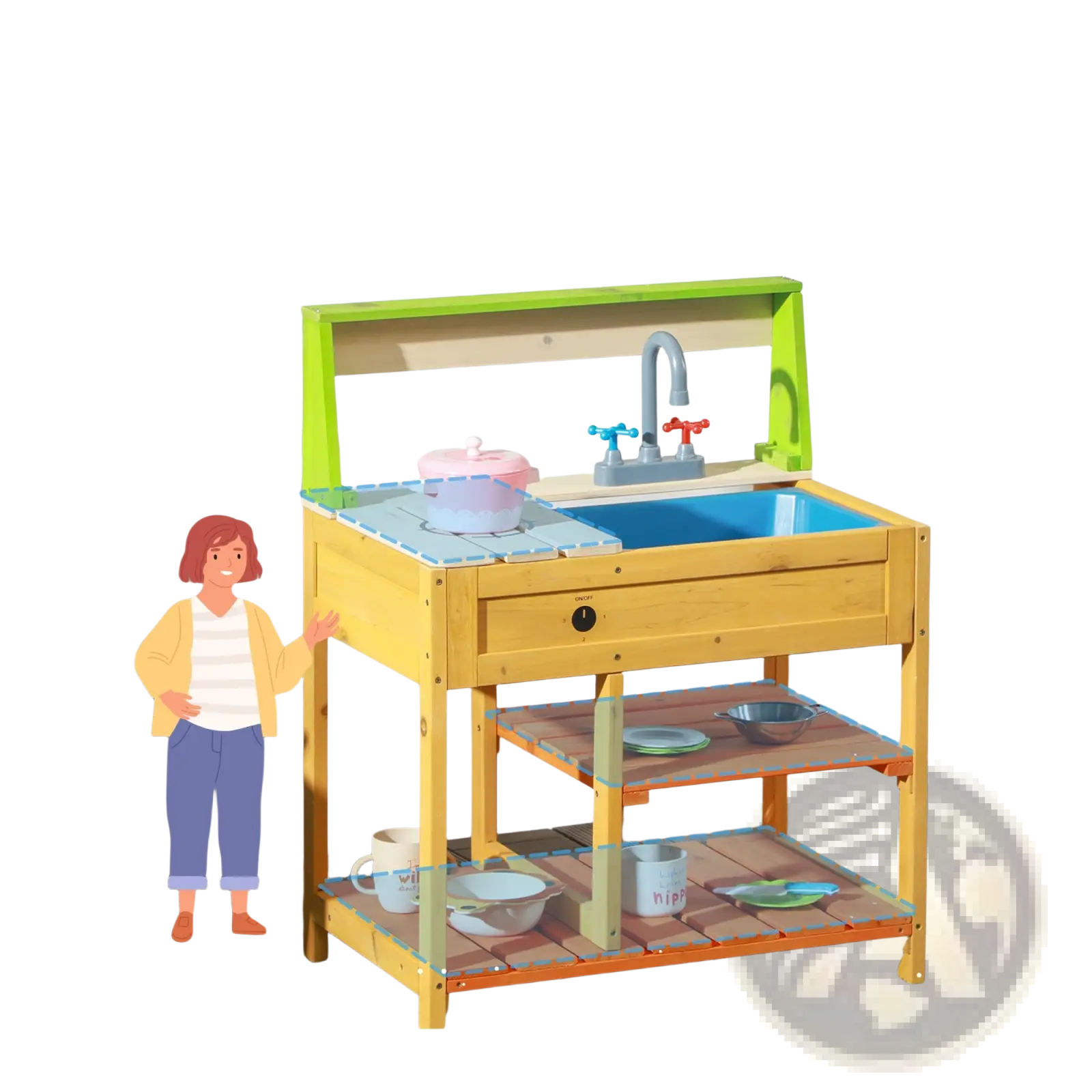 Yellow wooden outdoor play kitchen with green frame and blue sink in a mud kitchen for kids playset