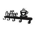 Modern black metal coffee mug wall rack with hooks featuring coffee text and steaming cup design with five hooks