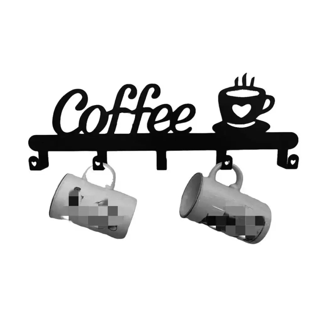 Modern black metal coffee mug wall rack with hooks features coffee text and steaming cup silhouette holding two white mugs