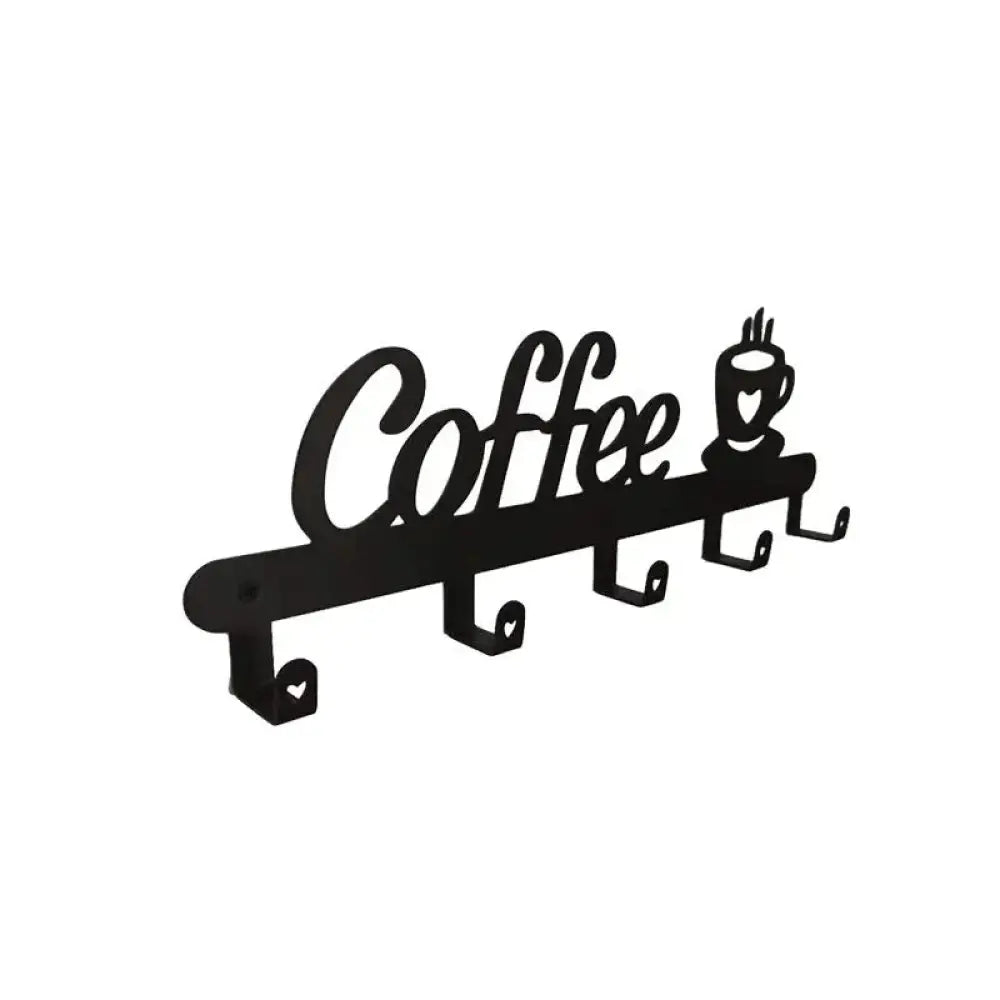 Modern black metal coffee mug wall rack with four hooks featuring cursive coffee lettering and a cup silhouette