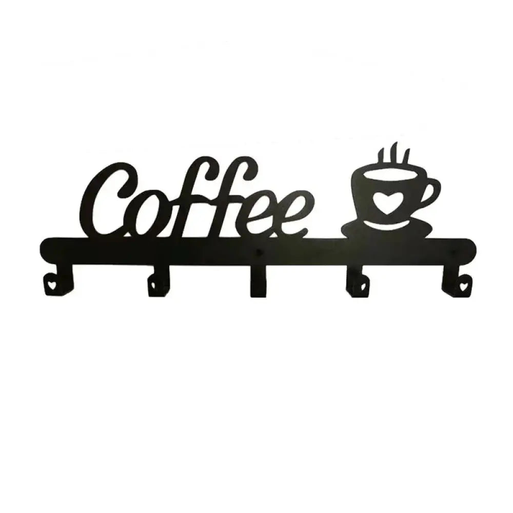 Modern black metal coffee mug wall rack with steaming cup design and five hooks for hanging keys or small items