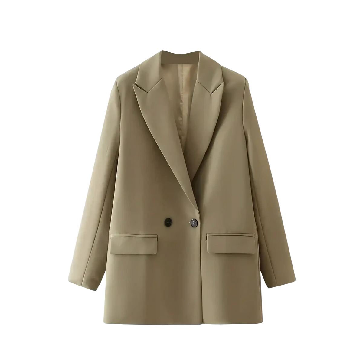 Beige mujer double breasted office blazer for women with black buttons and flap pockets perfect for workwear