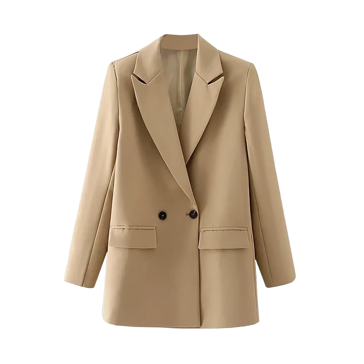 Beige double breasted office blazer for women with notched lapels and black buttons in a tailored fit