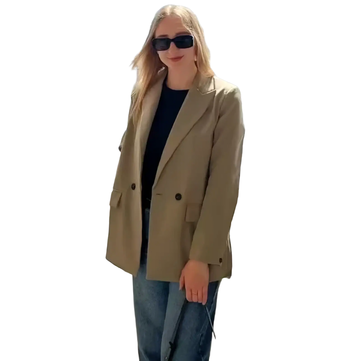 Beige mujer double breasted office blazer for women with black buttons and a structured tailored fit