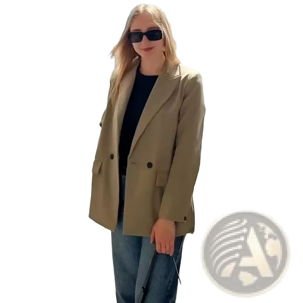Beige mujer double breasted office blazer for women with black buttons and a structured tailored fit