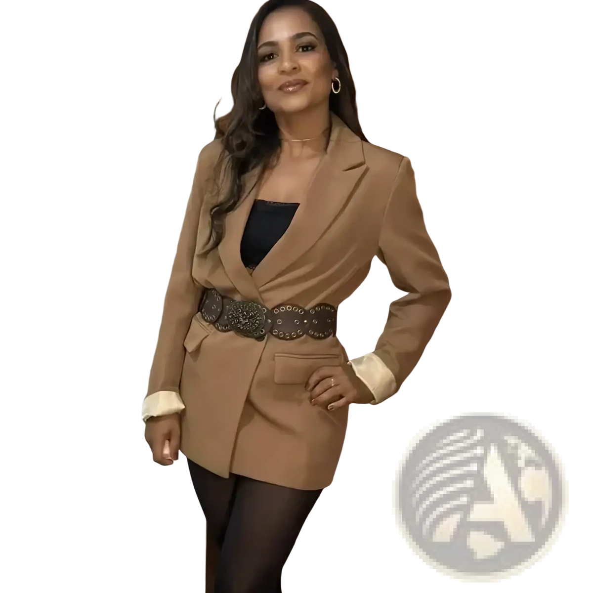 Beige mujer double breasted office blazer with cream cuffs and decorative black belt with circular embellishments