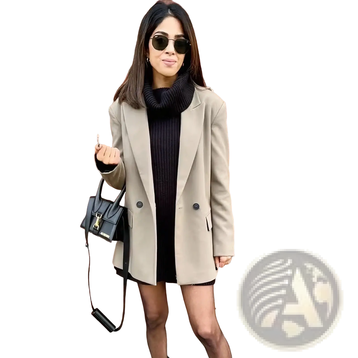 Black leather mini handbag with gold-tone clasp and detachable strap paired with mujer double breasted office blazer