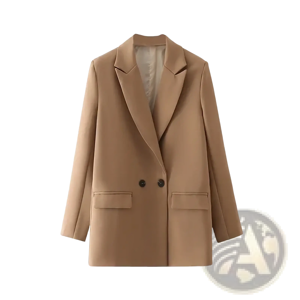 Beige mujer double breasted office blazer for women with notched lapels and two front flap pockets