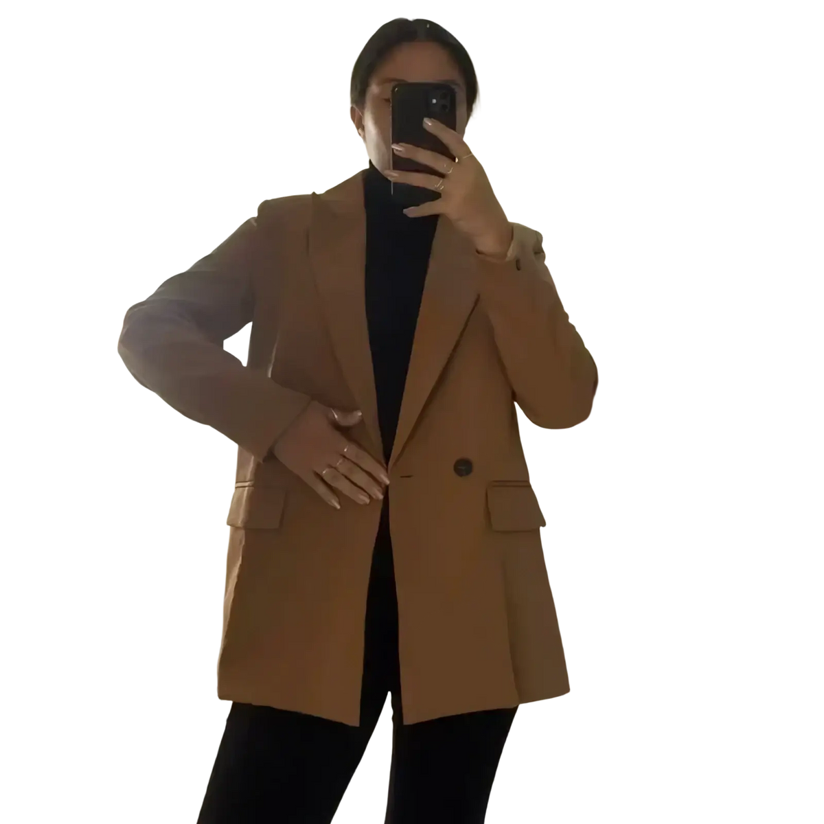 Tan double breasted office blazer for women with a structured fit and notched lapels perfect for professional wear